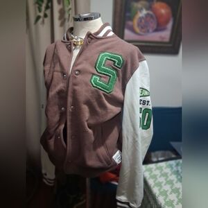 Peanuts Brown Varsity Jacket with White and Green Details Unisex